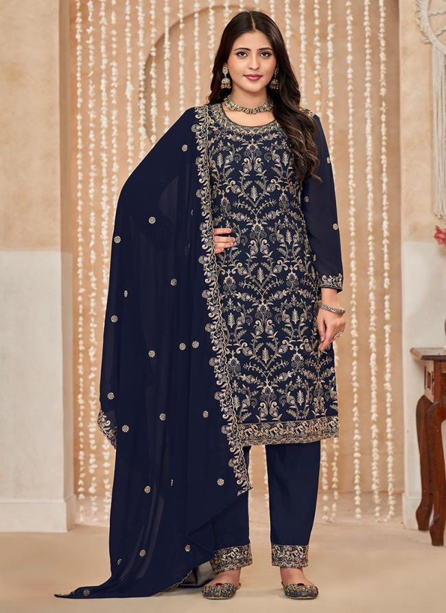 Faux Georgette Blue Wedding Wear Embroidery Work Straight Suit